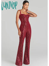 Lunivop Women Christmas Sexy Backless Mesh Sequins Burgundy Black Bodycon Jumpsuit High Street